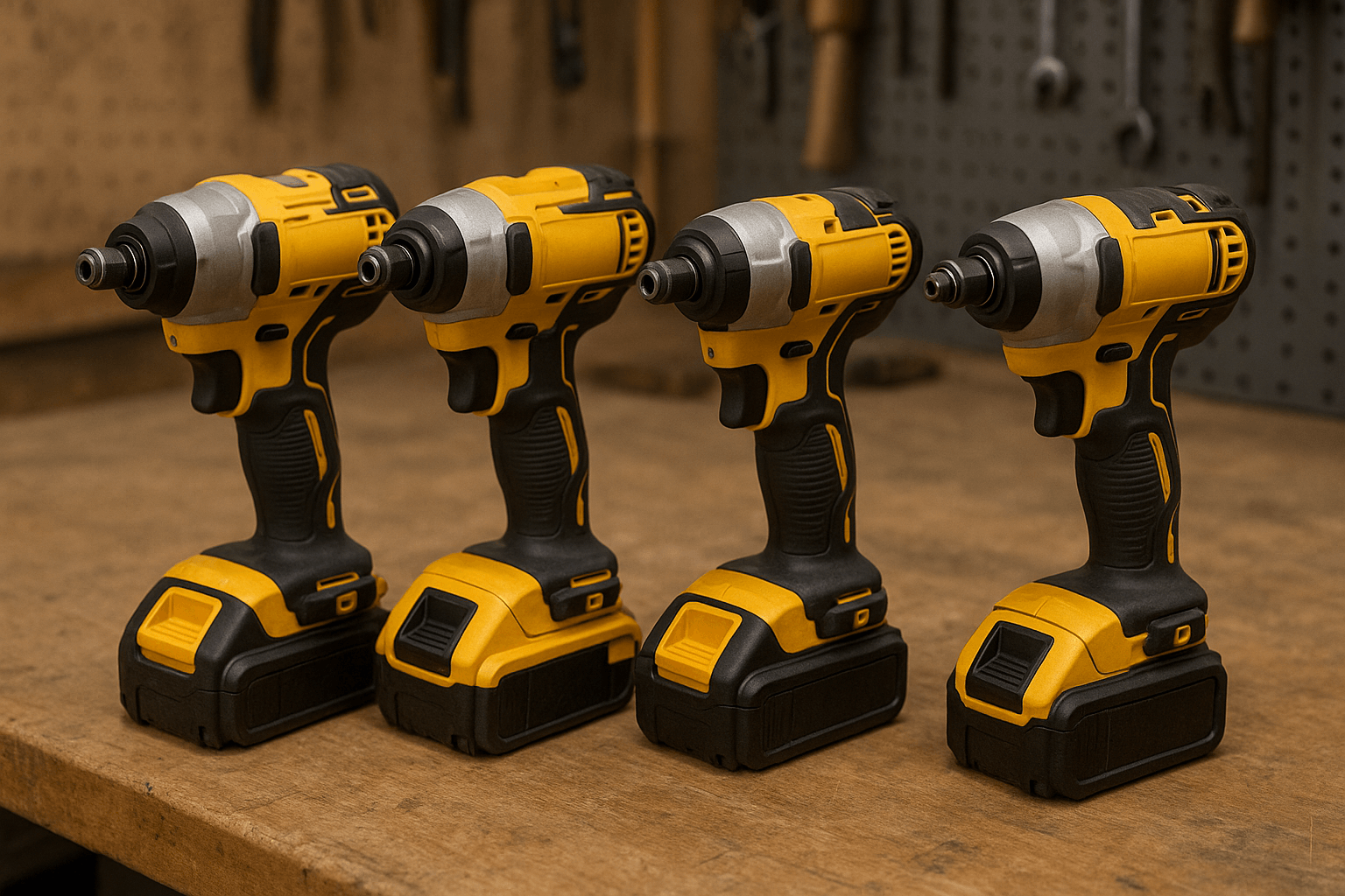 Plusieurs visseuses à chocs sans fil jaunes alignées sur un établi d’atelier