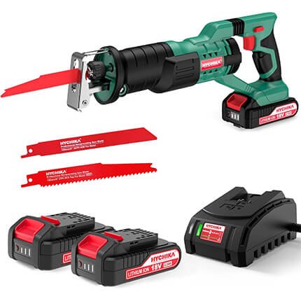 Scie sabre sans fil HYCHIKA 18V avec deux batteries, vitesses réglables 0-2800 SPM et lames interchangeables pour bois et métal