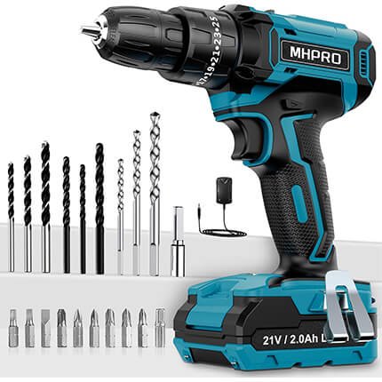 Perceuse-visseuse sans fil MHPRO 21V avec batterie 2.0Ah, forets et embouts inclus, outil électroportatif polyvalent pour perçage et vissage
