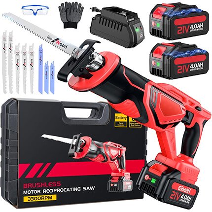 Scie sabre sans fil XIAZIR 21V avec moteur brushless, deux batteries 4.0Ah, lames interchangeables et coffret pour découpe bois et métal