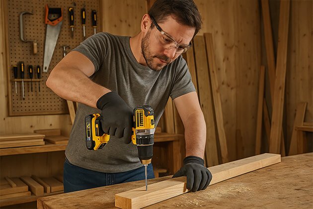 Perceuse-visseuse sans fil DeWalt DCD791D2-QW 18V XR Brushless en action, outil électroportatif professionnel pour perçage et vissage du bois