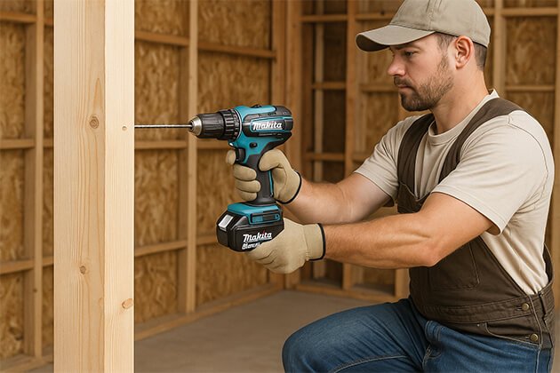 Perceuse-visseuse sans fil Makita DDF482Z 18V Li-Ion utilisée par un ouvrier, outil électroportatif professionnel pour vissage et perçage du bois