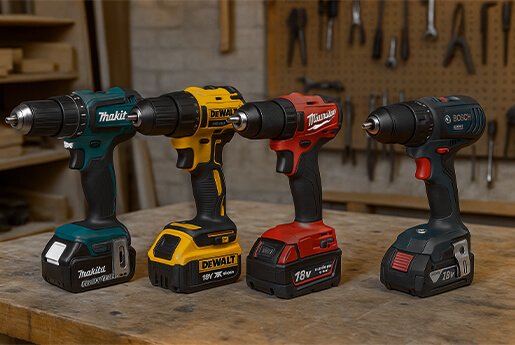 Comparatif de perceuses-visseuses sans fil Makita, DeWalt, Milwaukee et Bosch 18V sur établi d’atelier, outils électroportatifs professionnels