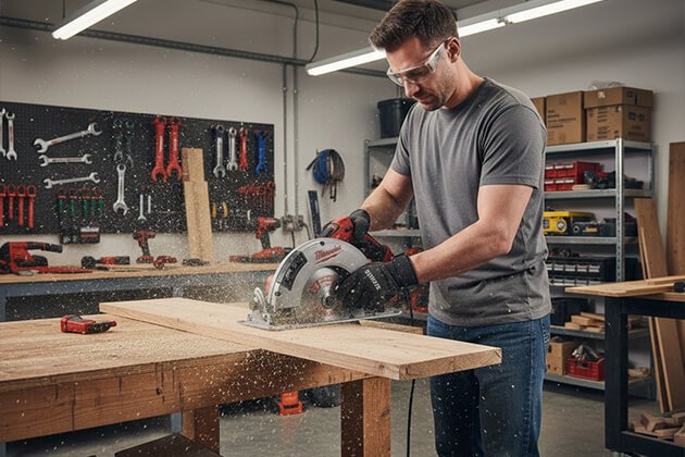 Ouvrier utilisant une scie circulaire sans fil Milwaukee M18 CCS55-0 Fuel 18V pour couper une planche de bois, outil électroportatif puissant de chantier