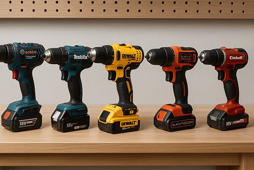 Comparatif de perceuses-visseuses sans fil Bosch, Makita, DeWalt, Black+Decker et Einhell 18V alignées sur un établi, outils électroportatifs pour bricolage et chantier