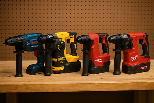 Comparatif de perforateurs burineurs sans fil Bosch, DeWalt, Hilti et Milwaukee 18V alignés sur un établi, outils électroportatifs professionnels pour béton et maçonnerie