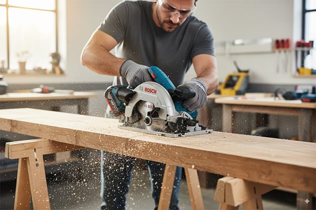 Ouvrier utilisant une scie circulaire sans fil Bosch Professional GKS 18V-57 G pour couper une planche de bois, outil électroportatif puissant de chantier