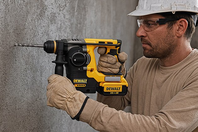 Ouvrier utilisant un perforateur burineur sans fil DeWalt XR 18V SDS-Plus pour percer un mur en béton, outil électroportatif professionnel de chantier