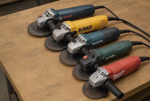 Comparatif meuleuses d’angle Bosch, Dewalt, Makita, Metabo et Milwaukee posées sur établi