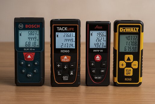 Comparatif télémètres laser Bosch, Tacklife, Leica et Dewalt posés sur établi